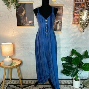 Indigo rein blue linen blend wide leg striped jumpsuit sized large
